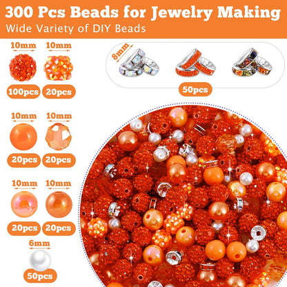 300 Pcs Diamonds Beads for Jewelry Making, Included 10 mm Red Rhinestone Beads for Bracelets, Bubblegum Bead for Pen Making, Pearl and Spacer Bead for Bracelet Necklace Earring Crafting