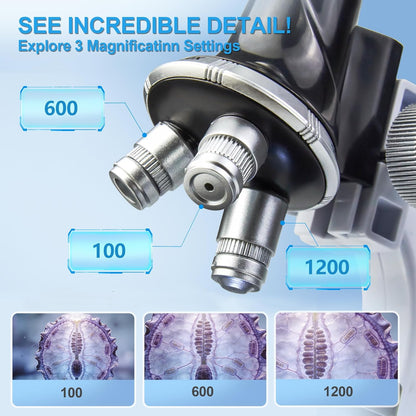 115 Pcs Microscope Science Kit for Kids with 100X-1200X Magnification,Equiped with Prepared and DIY Blank Slides Microscope for Beginner Boys Girls
