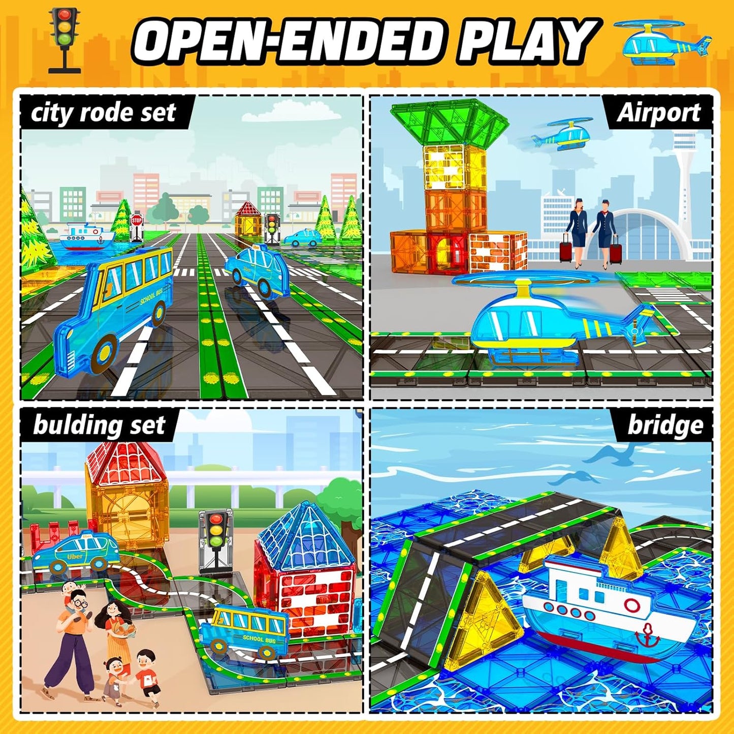 KAEILORU Magnetic Tiles Road Set with Car Magnet Building Tile Toys for Kids Ages 3-5 4-8 5-7 Magnetic Blocks Expansion Pack STEM Construction Valentines Toys Boy Girl Toddler Birthday Gift 42pcs