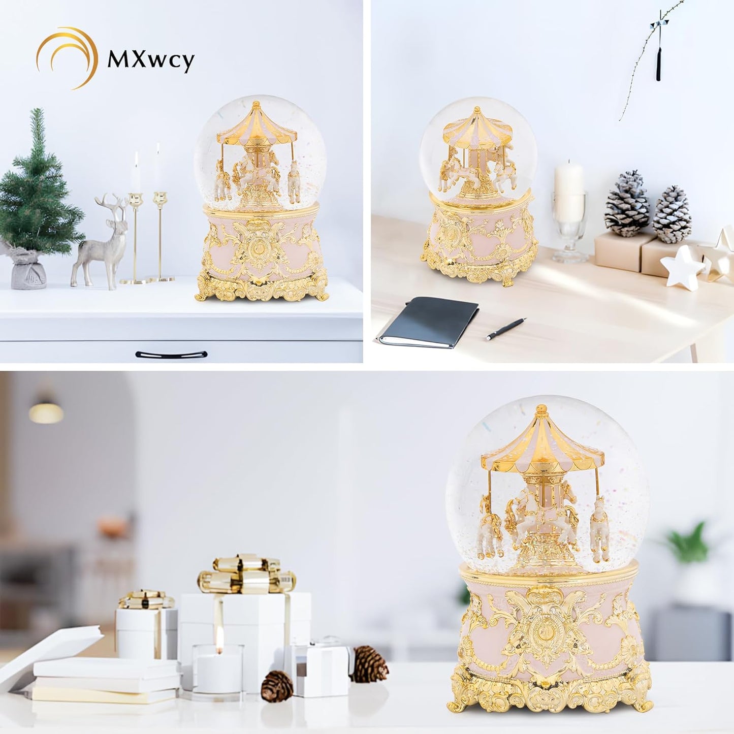 Carousel Music Box Gold & Ivory Christmas Snow Globes, 8.3" Rotate Carousel Snow Globe for Kids & Adults, Classic Wind up Musical Snow Globe Birthday Gifts for Women Girls, Carousel Horse Home Decor