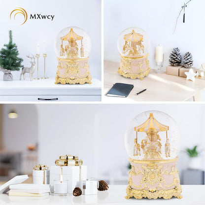 Carousel Music Box Gold & Ivory Christmas Snow Globes, 8.3" Rotate Carousel Snow Globe for Kids & Adults, Classic Wind up Musical Snow Globe Birthday Gifts for Women Girls, Carousel Horse Home Decor