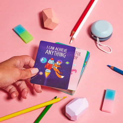 45 Affirmation Cards for Kids - Premium Edition – 3x4 in – incl. Wooden Stand – Conversation Notes for Children and Toddlers – Mindfulness, Social Skills, CBT Therapy – Lunch, School Counselors, Teachers, Parents