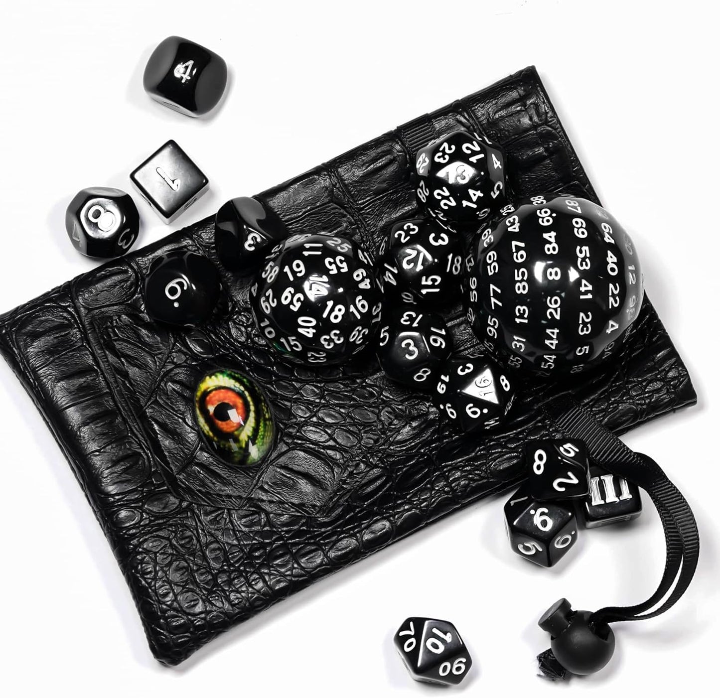 15 Pieces Complete Polyhedral DND Dice Set D3-D100 Spherical D&D Dice Set with Dragon Eye Dice Bag, D100 Dice for RPG Table Games(Black w/Purple Numbers)