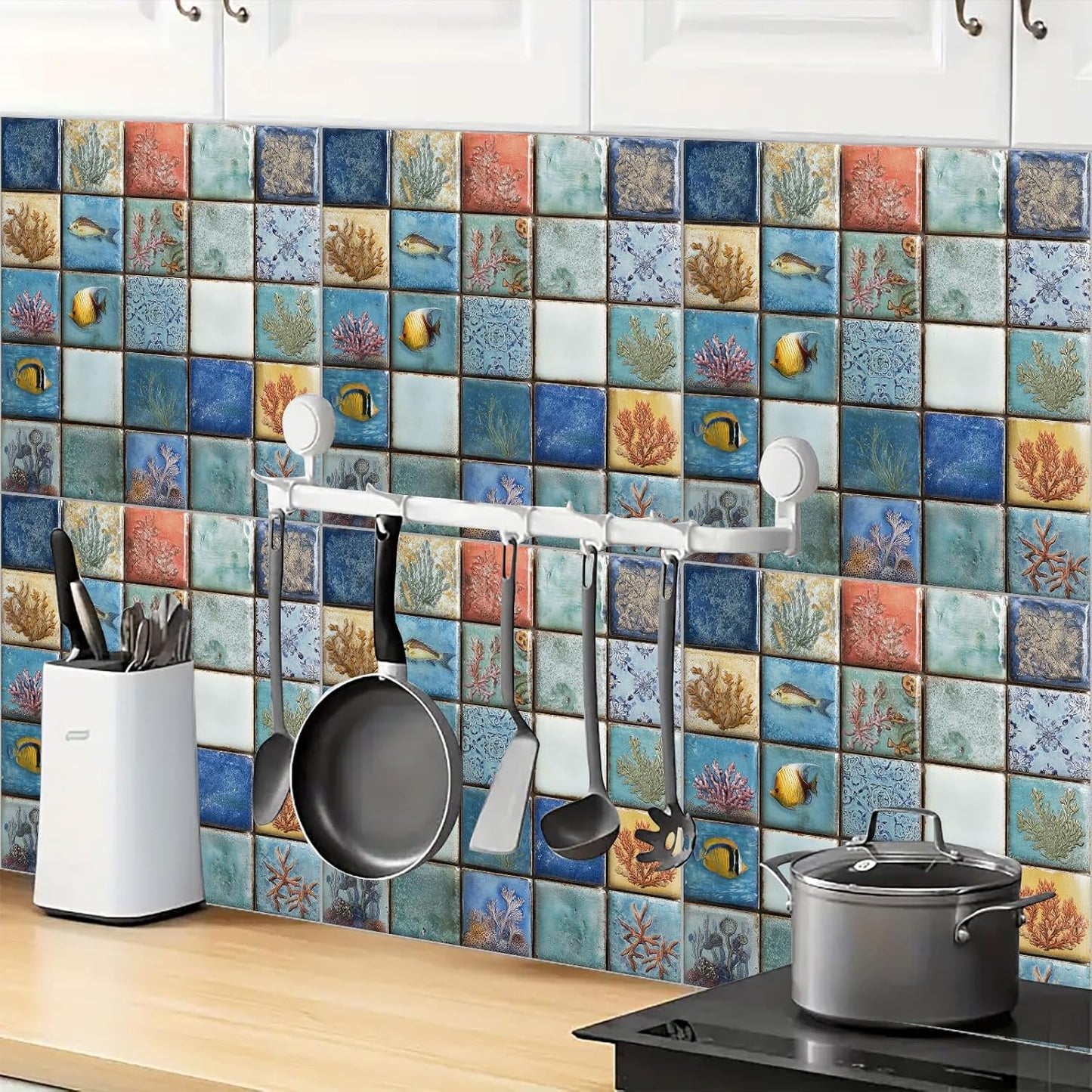 Wall Tiles Peel and Stick 12x12 Inch Ocean Coral Fish Pattern Vinyl Stickers Self Adhesive Tiles for Kitchen Bathroom Shower Laundry Room Aquarium Theme Home Renovation DIY Decor