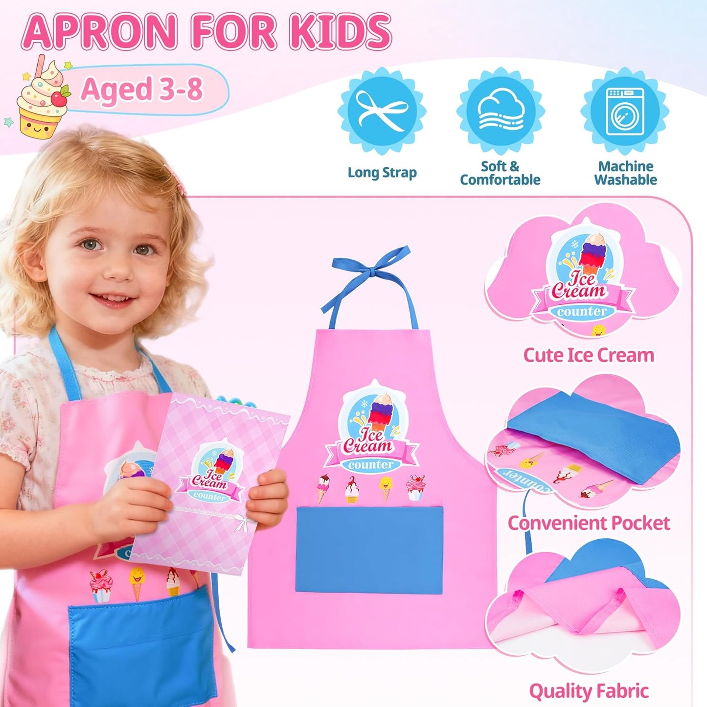 Ice Cream Toy, Wooden Ice Cream Play Set with Aprons, Fake Money, Scoop, Menu, Ice Cream Toys Pretend Play Toys for Girls Boys, Wooden Play Food Set Toy Kitchen Gifts for 3 4 5 6 Year Old Toddlers