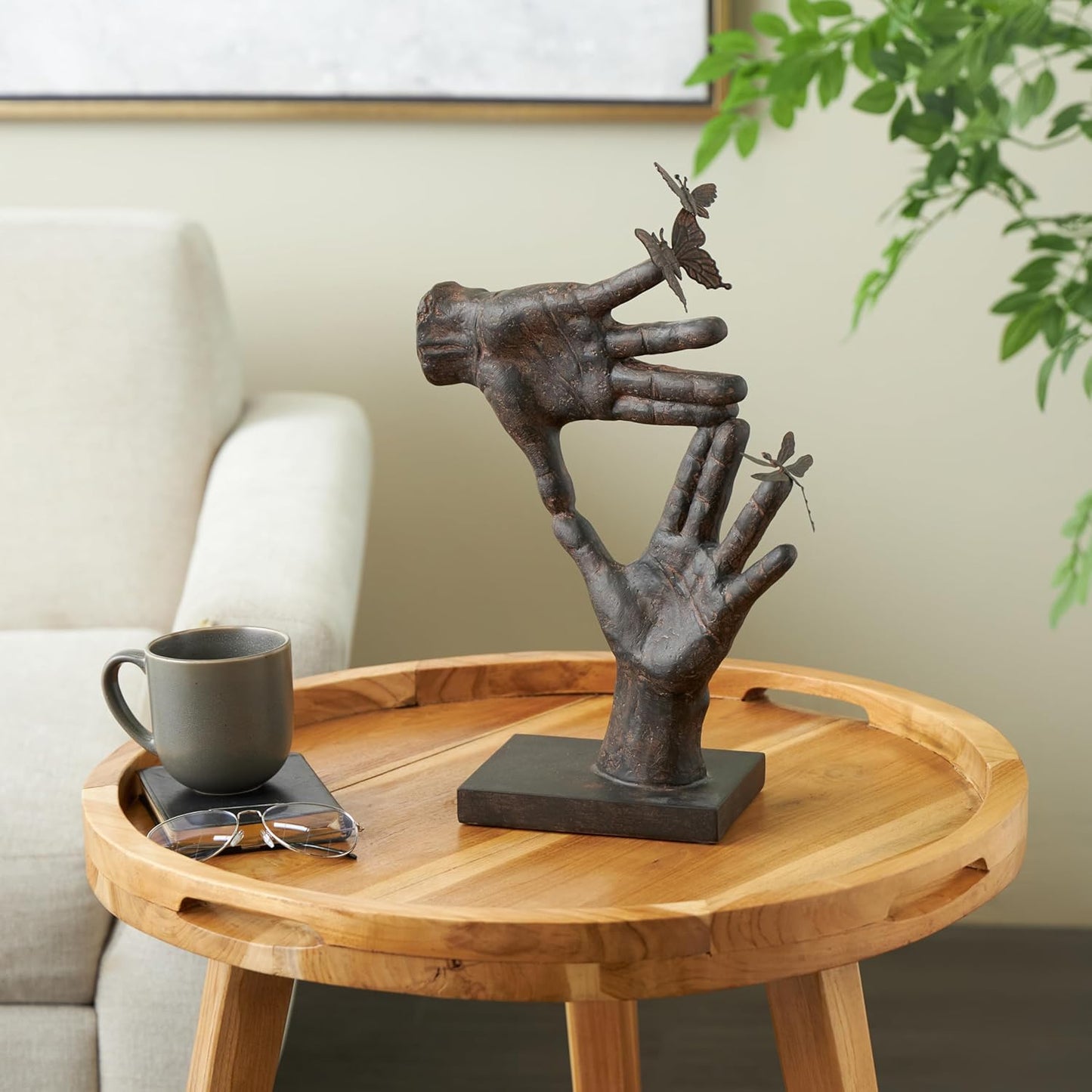 Deco 79 Polystone Hands Decorative Sculpture Weathered Patina Linked Home Decor Statue with Block Base and Gold Accents, Accent Figurine 9" x 4" x 10", Black