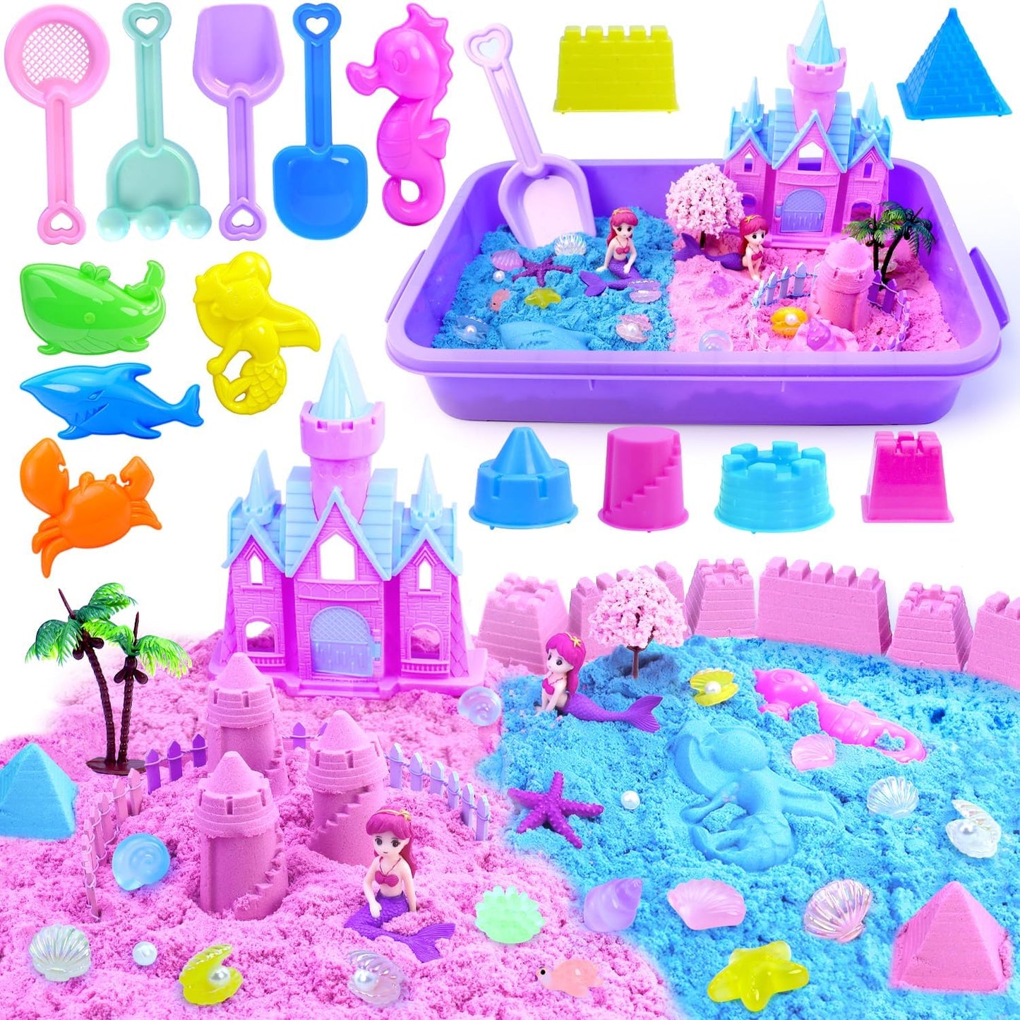 Mermaid Sensory Bin,Play Sand Art Sand Play Set Fine Motor Skills Montessori Sand Toys with 2.2 lbs Sand & Castle Molds & Sand Shovel Tools,Ocean Theme Educational Toys for Aged 3-8 Girls