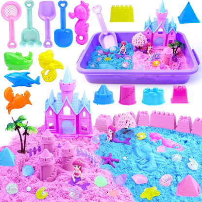 Mermaid Sensory Bin,Play Sand Art Sand Play Set Fine Motor Skills Montessori Sand Toys with 2.2 lbs Sand & Castle Molds & Sand Shovel Tools,Ocean Theme Educational Toys for Aged 3-8 Girls