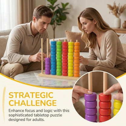 Color Stack Match Game for Adults,Fast Pattern Tabletop Puzzle Challenge with Wooden Stacking Rings, Competitive Brains Teaser Activity for Family Night Strategy Pattern Play (Bead)