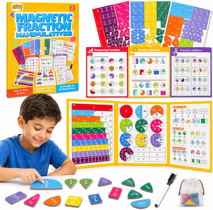 Magnetic Fraction Demonstration Book, Fraction Manipulatives with Magnetic Fraction Tiles & Circles, Montessori Magnetic Fraction Playbook for Hands-On Elementary Math Learning Toys