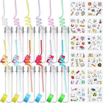 Jingmore 36 Pcs Science Party Theme Cups Set with Silly Loop Straws Science Stickers Plastic Reusable Small Conical Flask Bottles Test Tubes for Birthday Party Decorations(Spherical Bottles)