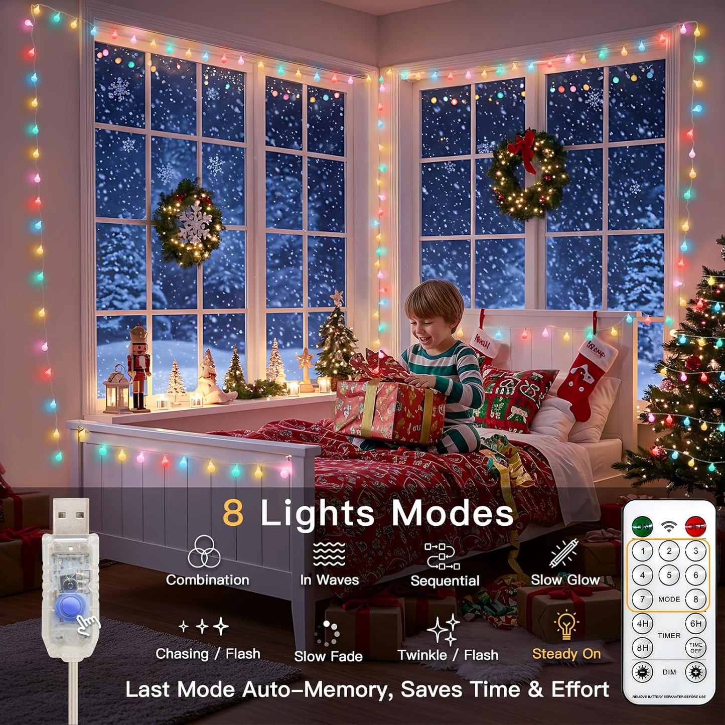 suddus String Lights for Bedroom, 66ft 200 Led Connectable Globe String Lights Indoor, Hanging Fairy Lights Plug in with Remote for Kids Room Dorm Classroom Outdoor Christmas Tree Decor, Warm White