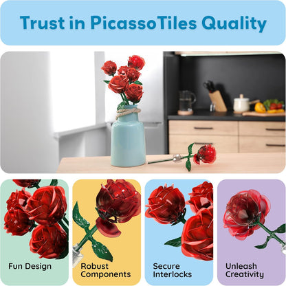 PicassoTiles Red Stem Rose Building 45pc Set With Magnetic Hold Piece Creative Hands-On Play Discovery Activity Kit Room Decor Gifts For Mother’s Day Present Display Flower Boys Girls Kid Age 3+ PBS20
