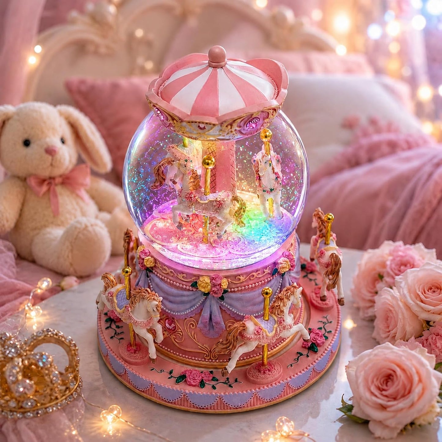 Blue Carousel Snow Globe Music Box with LED Lights, Rotating Horse Merry Go Round with Glitter Snowfall, Wind Up Musical Snow Globe Plays Over the Rainbow, Gift for Daughter Granddaughter Women