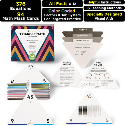 Award-Winning Triangle Math Flash Cards – 376 Multiplication & Division Facts (0–12) – Mastery-Based, Color-Coded Learning for Grades 3–6 – Durable Cards with Visual Aids