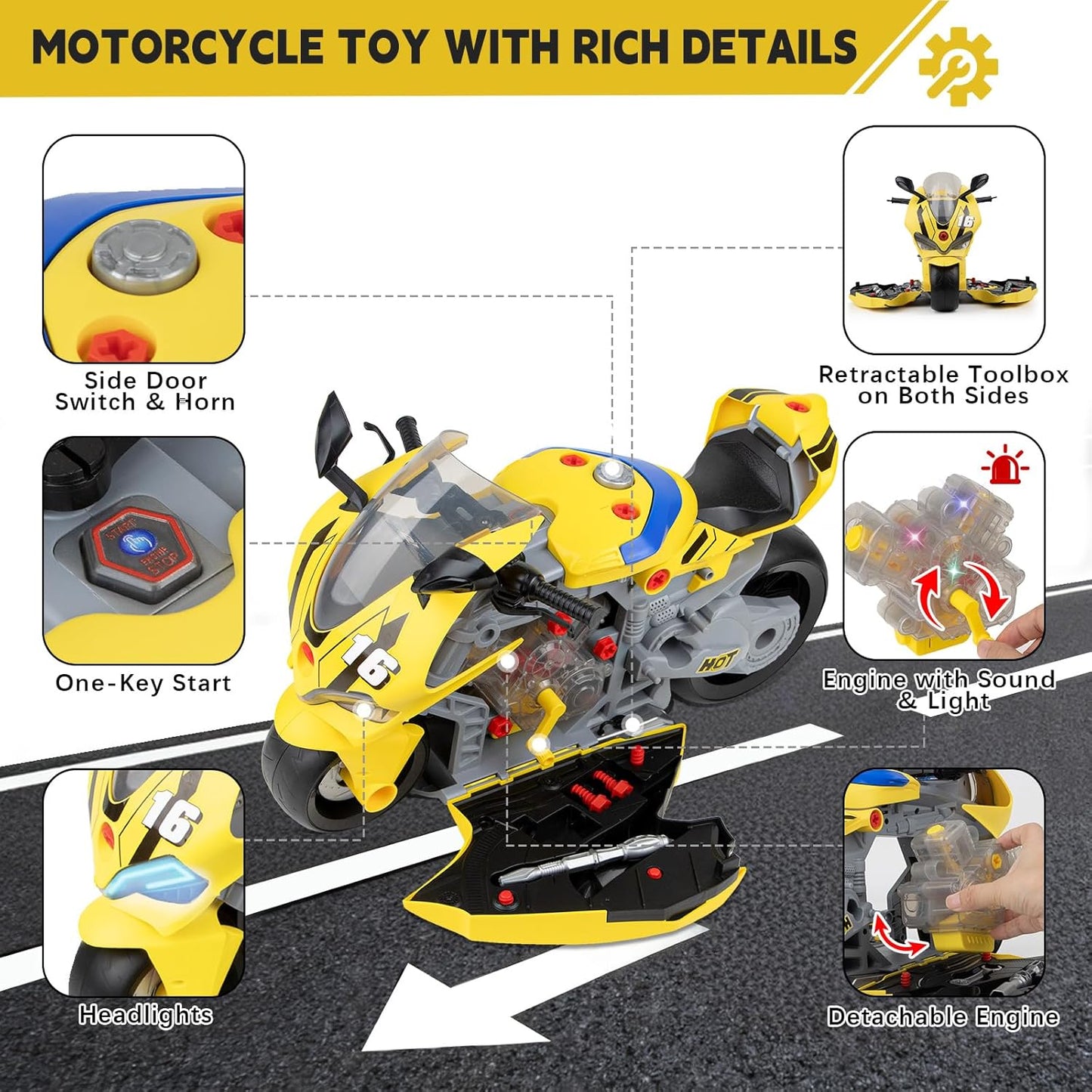 Take Apart Motorcycle Toys Kids Mechanic Repair Set for Toddlers 3-5, Interactive Toy Engine Building Kit with Sounds, Lights & Spray, STEM Educational Gift Toys for 3 4 5 6 7 Year Old Boys Girls