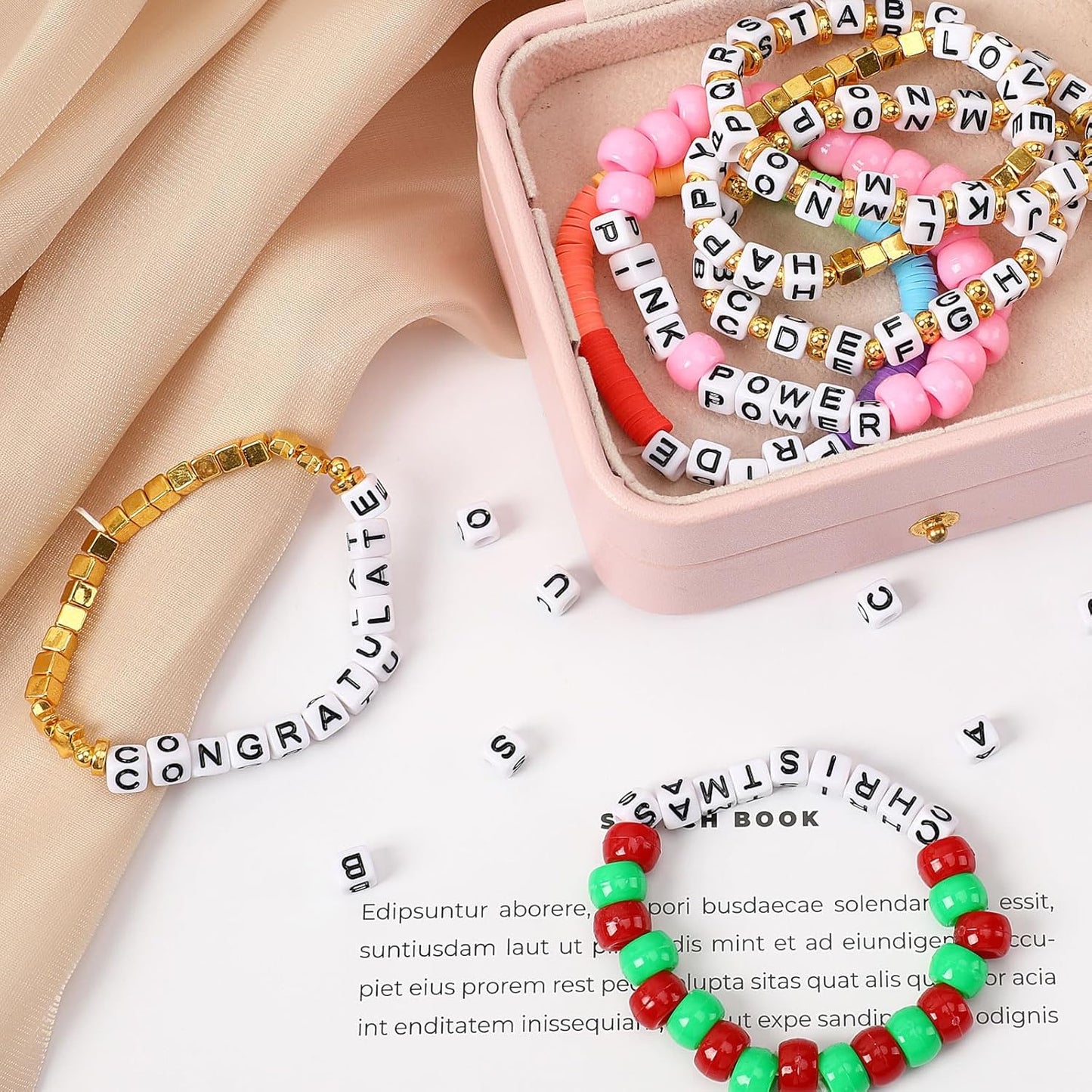 Letter Beads, Augshy 1400 Pcs Morandi Cube Alphabet Bead,Square Letter Beads with 1 Roll 10M Crystal String Cord (6mm)