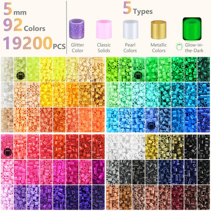 Zefy Fuse Beads Kit 92 Colors 19200 Pcs Melting Beads 5mm, Including 124 Patterns, 6 Pegboards, Ironing Paper, Tweezers & Hooks, Home School Arts and Crafts for Kids, Toys Gifts for Girls and Boys