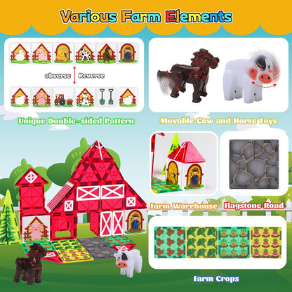 SKTMYY Magnetic Tiles Construction Toys with Road & Crane & Marble Run, Double-Sided Fire Station & Building Magnet Tiles for Kids Ages 4-8, STEM Magnetic Blocks Gifts for 3 4 5 6 7 8 Year Old Boys