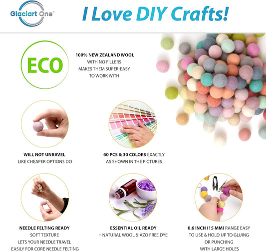 Glaciart One Felt Pom Poms, Wool Felt Balls with Swirls & Dots (90 Pieces) 2 cm – 0.8 Inch, Handmade Felted 30 Color Pastel Bulk Small Puff for Felting and Garland