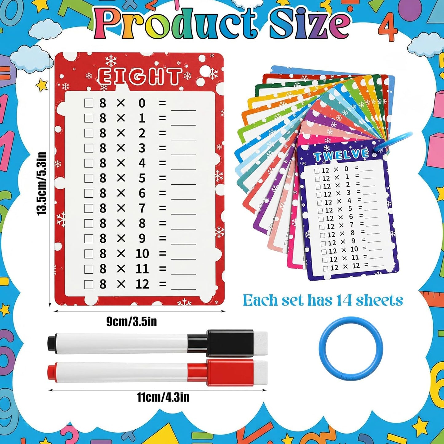 14Pcs Multiplication Flash Cards 0-12, Time Table Flash Cards Chart, Large Math Table Flashcards with 2 Dry Erase Markers & 1 Ring, Educational Math Flashcard for Classroom Home, for 1st to 3rd Grades