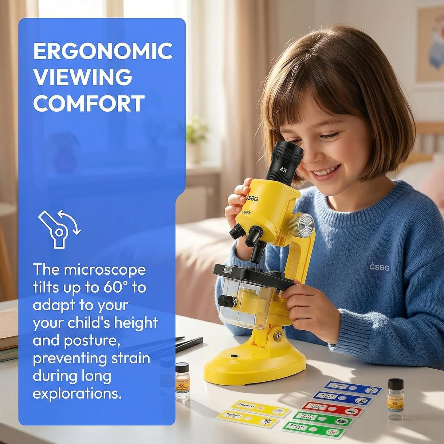 Kids Microscope Kit with LED Light - 100X/400X/1200X Magnification for STEM Learning, 12 Prepared Slides, Easy-to-Use Science Learning Kit (Ages 5-12) - Yellow