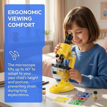 Kids Microscope Kit with LED Light - 100X/400X/1200X Magnification for STEM Learning, 12 Prepared Slides, Easy-to-Use Science Learning Kit (Ages 5-12) - Yellow