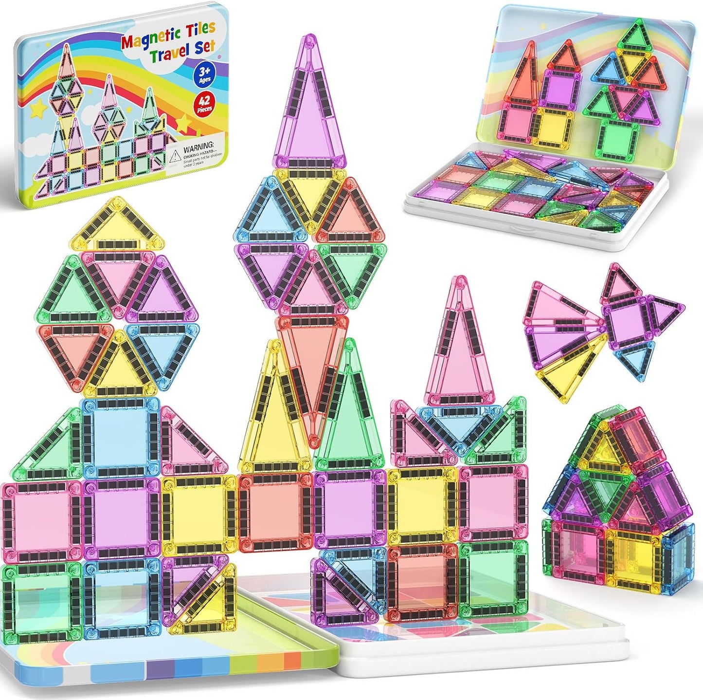 Magnetic Tiles Travel Toys with Storage Case, Portable STEM Building Blocks for 3-8 Year Olds, Toddler Airplane Activities & On-The-Go Birthday Gift for Boys & Girls