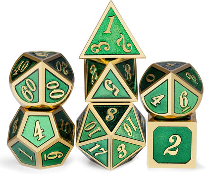 DnDnD Heavy Polyhedral Metal Dice Set with Metal Box, 7-die Shiny Blue Surface with Golden Number for RPG,Dungeons and Dragons,Pathfinder,Shadowrun,D&D,Role Palying Game and Math Teaching - Colors A