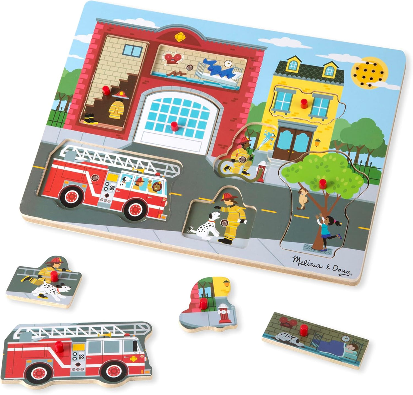 Melissa & Doug Around The Fire Station Sound Puzzle - Wooden Peg Puzzle (8 pcs)