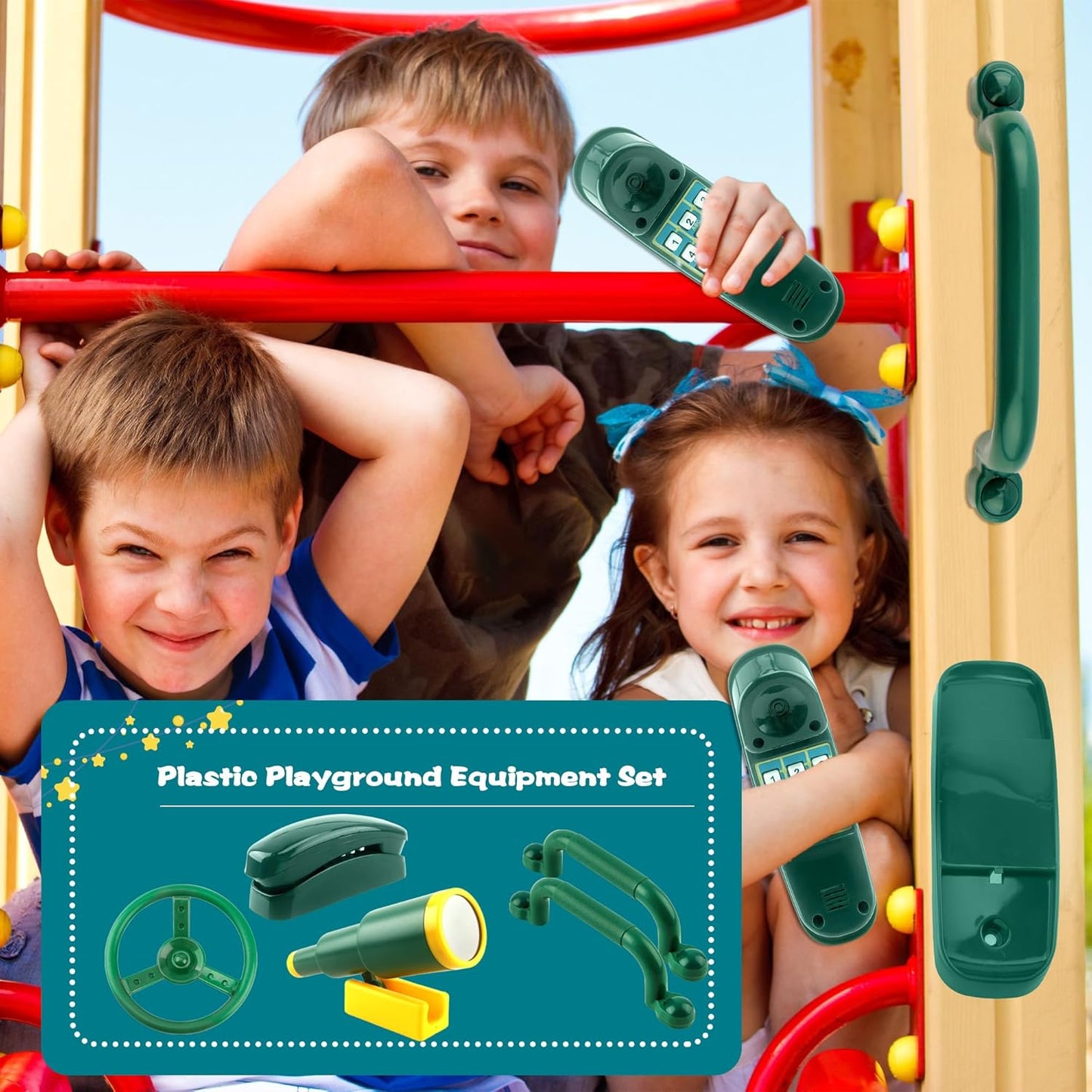5 Pack Kids Playground Accessories Set Swingset Steering Wheel Plastic Telescope Safety Handles Telephone Toy for Outdoor Playhouse Playset (Color Set 4)