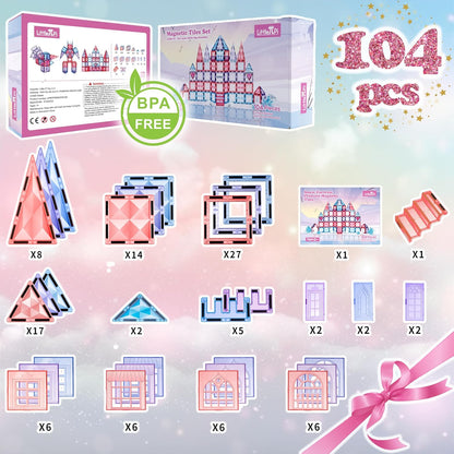 Little Pi 104pcs Frozen Princess Castle Magnetic Tiles Building Blocks - 3D Diamond Blocks, STEM Educational Toddler Toys for Pretend Play, 4 Year Old Girl Birthday Gifts Kids Ages 3 5 6 7 8 - Pink