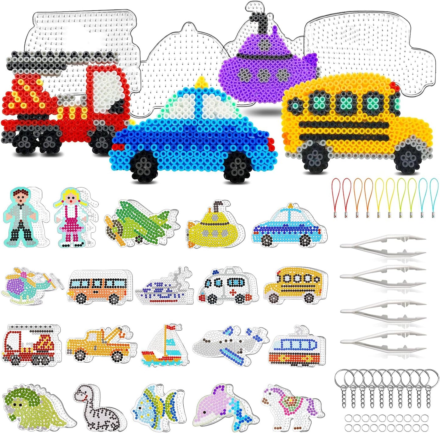 FUNZBO 20 pcs Pegboards for 5mm Fuse Beads Project- Animal Shape Pegboards for Arts and Crafts with Keychains, Hang Ropes and Tweezers, Gifts for Boys and Girls (Beads Not Included)