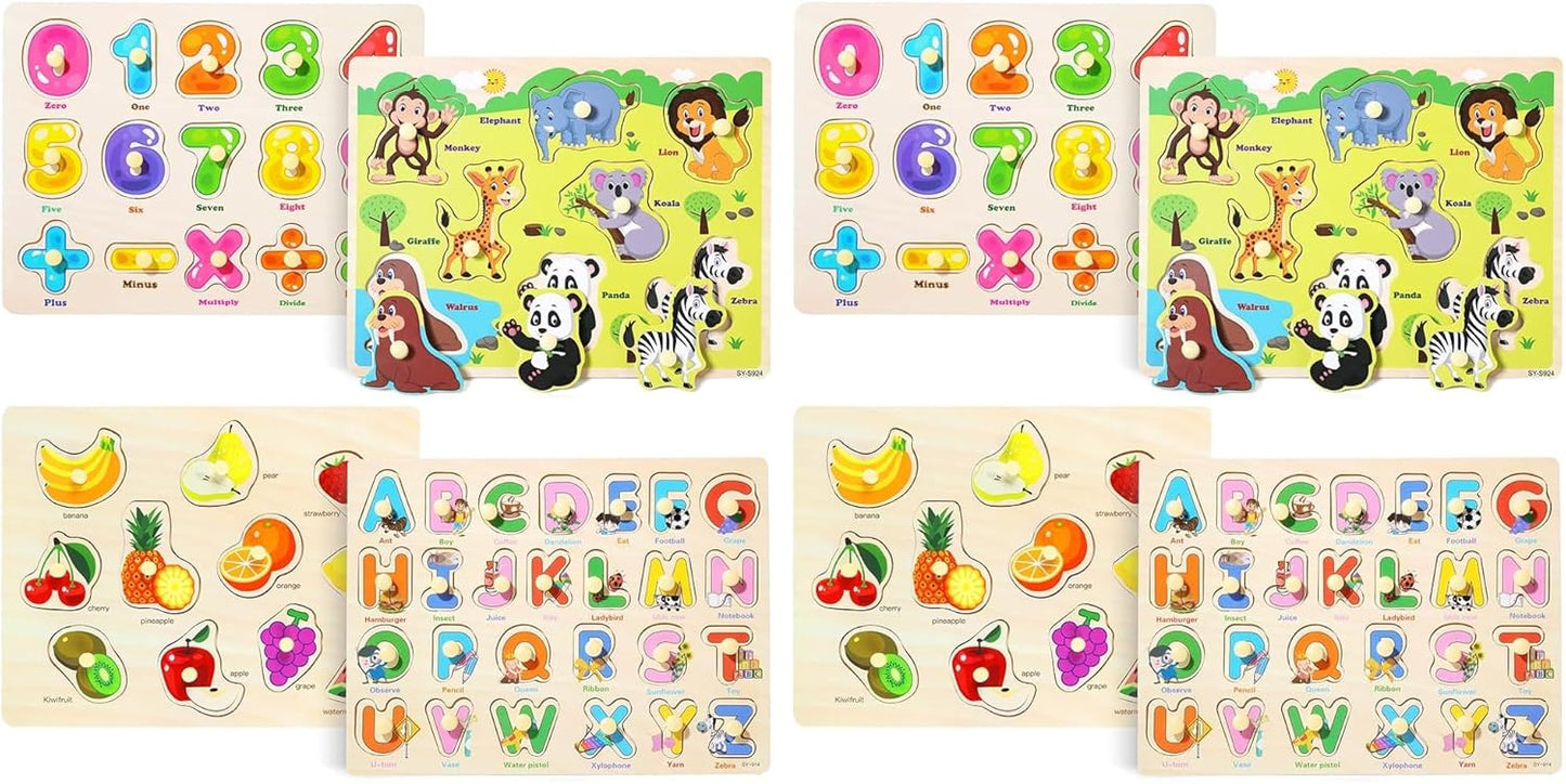 GRINNNIE Wooden Peg Puzzle for Toddlers 3 4 5 Years Old, 4 PCS Montessori Educational Learning Puzzles Set-Numbers, Letters, Animals and Fruits, Great Preschool Gifts for Girls and Boys