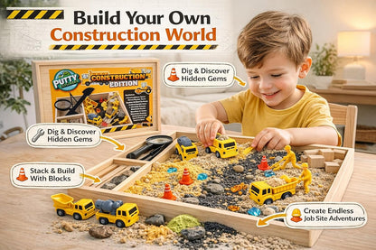 Construction Sensory Bin for Kids - DIY Jr Putty Explorers Wooden Sensory Play Kit with Play Sand, Trucks, Tools & Gems - Montessori STEM Fine Motor Toy for Toddlers & Preschool Boys 3+