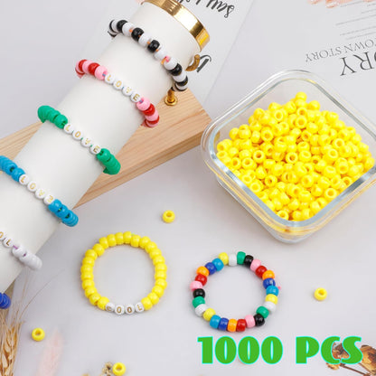 Auvoua 1000Pcs Pony Beads Bracelet 9mm Yellow Plastic Barrel Pony Beads for Necklace,Hair Beads for Braids,Key Chain,Jewelry Making (Yellow)