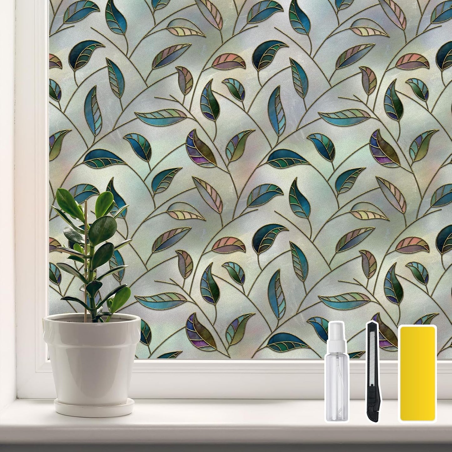 Leaf Pattern Window Tint with Installation Tools, Blackout Window Cover, Sun Blocking Window Tint for Home (Full Blackout Opaque, 17.7'' x 78.7'')