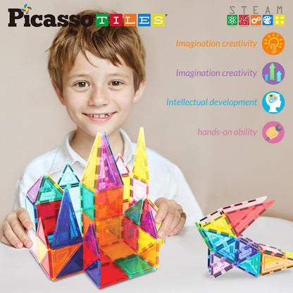 PicassoTiles 101 PCs Magnetic Tiles Building Block with Storage Case Included Bold Colors Travel Carry Case Construction Set for Boys & Girls Great Gift Preschool Kindergarten Montessori Playing Toys