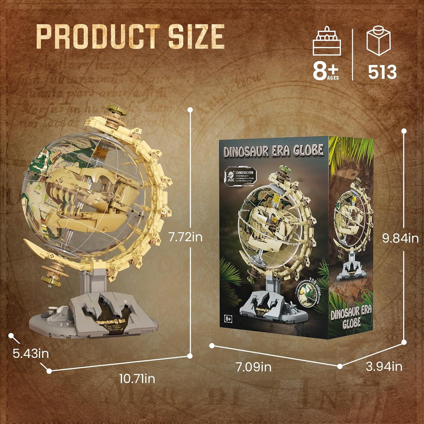 Dinosaur Skull Fossils Globe Building Set,360° Rotatable Globe Display Model with LED Light,STEM Skeleton Model Educational Toy, Gifts for Boys and Girls Ages 14+
