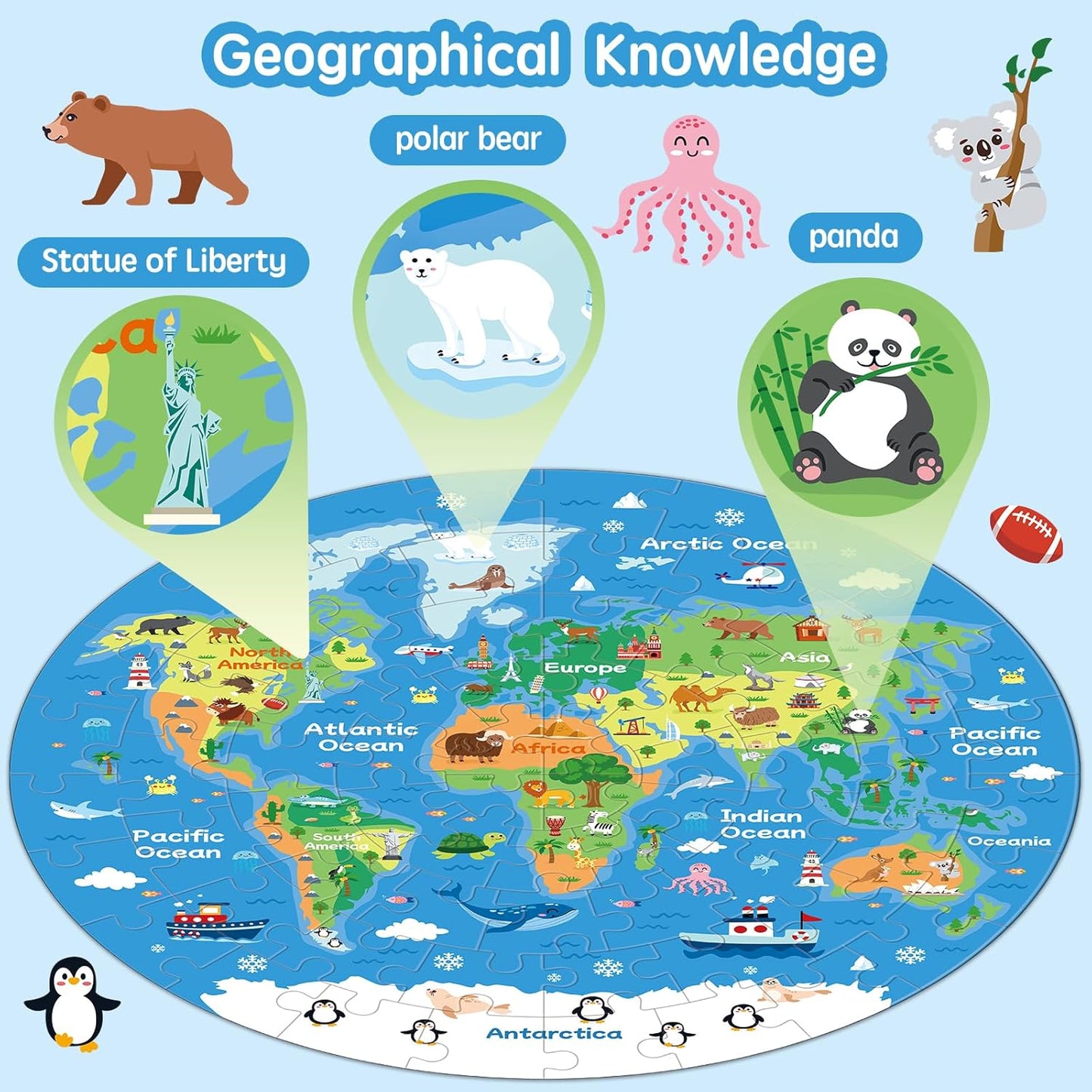 72 Piece World Map Jigsaw Puzzle for Kids 3-5, 4-6 Globe Round Floor Puzzles Geography Educational Birthday Gifts Learning Resource Educational Montessori Toys (World Map)