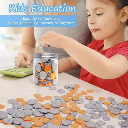 Play Money Coins for Kids, Fake Money Coins with Coin Jar, Realistic Teaching Pretend Fake Money Coins Set, Plastic Toy Prop Fake Money Coins for Kids Learning Education Party, 250pcs