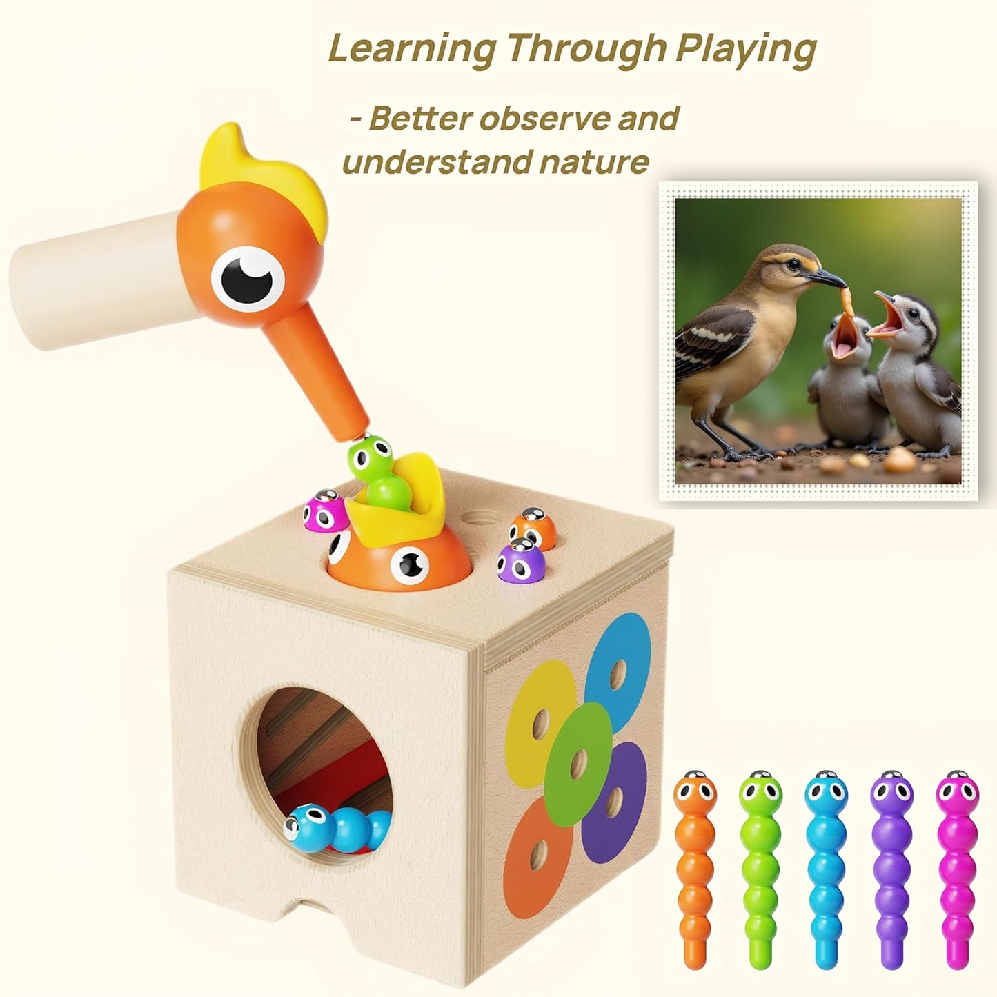 5 in 1 Montessori Activity Toys for 2 3 Year Old Boys and Girls, Wooden Learning Toys with Object Permanence, Bird Feeding Game, Fine Motor Skills, Problem Sloving