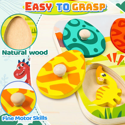 Dinosaur Wooden Puzzles for Toddlers 1-3 Year Old, Matching Eggs Peg Puzzle Gifts for Babies Fine Motor Skill Montessori Toys for Baby 12-18 Months Boys Girls Valentine Gift Easter Basket Stuffer Gift