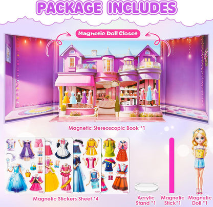 Magnetic Dress Up Dolls for Girls - Princess Magnet Paper Dolls Book with 3D City Buildings - Travel Car Trip Quiet Book Game Toys Easter Birthday Gifts for Kids Toddlers Ages 3 4 5 6 7(Style C)