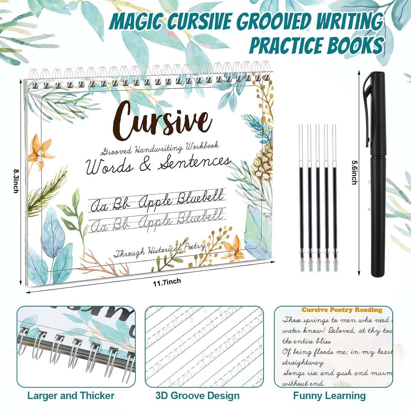 Maitys Grooved Cursive Handwriting Workbook Kit Reusable Cursive Workbook Groove Writing Practice Books Grooved Handwriting Practice for Adults and Beginner Improving Write Skills