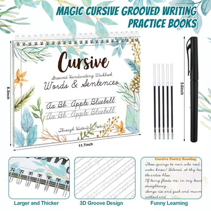 Maitys Grooved Cursive Handwriting Workbook Kit Reusable Cursive Workbook Groove Writing Practice Books Grooved Handwriting Practice for Adults and Beginner Improving Write Skills