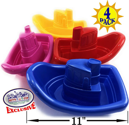 Matty's Toy Stop Plastic Nesting/Stacking Tug Boats (11") Red, Blue, Pink & Yellow Gift Set Bundle, Perfect for Bath, Pool, Beach Etc. - 4 Pack