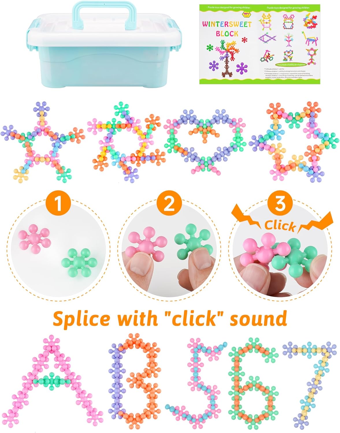 Snowflake Interlocking Building Block Educational Toy 300PCS for Kids Ages 3+, Multi-Color Solid Plastic Early Learning Creativity STEM Toy with Carrying Case Safe Material