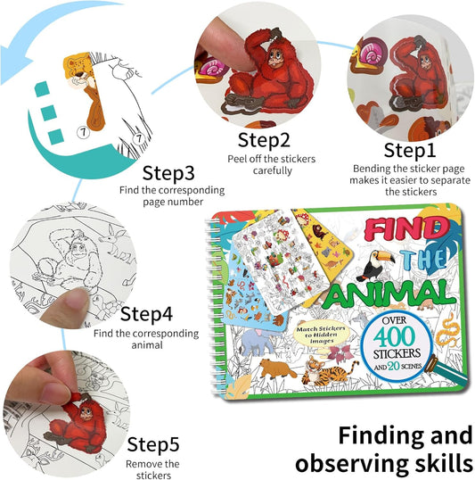 Kalysky Dinosaur and Ocean Animal Scene Sticker Book for Kids Ages 4-12, Search and Find Sticker Activity Book–Travel Toys for Toddlers, Airplane & Road Trip Games, Educational Fun