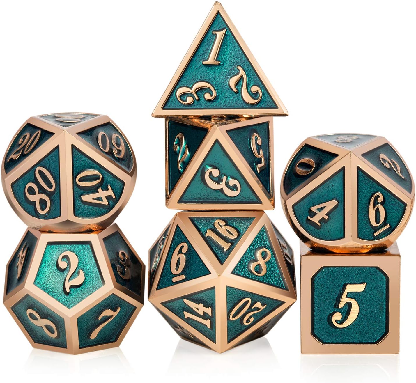 DnDnD Heavy Polyhedral Metal Dice Set with Metal Box, 7-die Shiny Blue Surface with Golden Number for RPG,Dungeons and Dragons,Pathfinder,Shadowrun,D&D,Role Palying Game and Math Teaching - Colors B